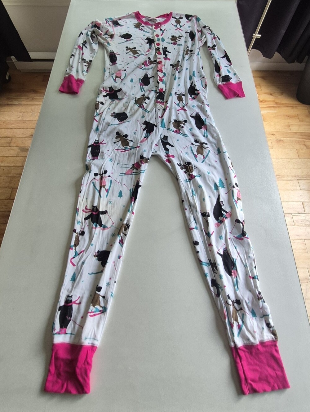 Women's Pink-Trim Ski Bear One-Piece Pajamas